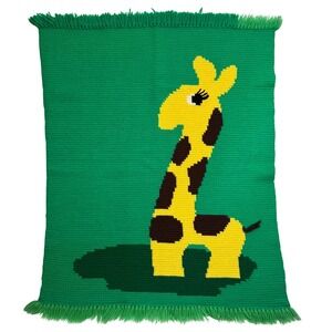 Vintage Handmade Crochet Baby Blanket 34x41 Green Yellow Giraffe Fringe Afghan